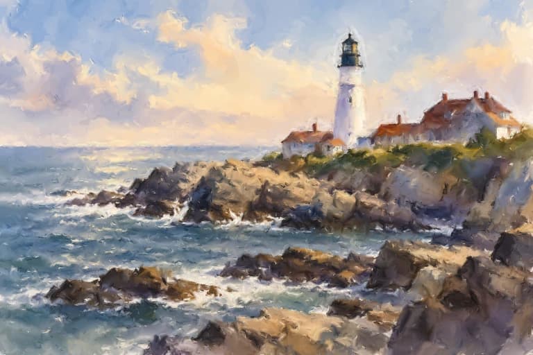 Digital artist-inspired study of Portland Head Light, inspired by John Singer Sargent