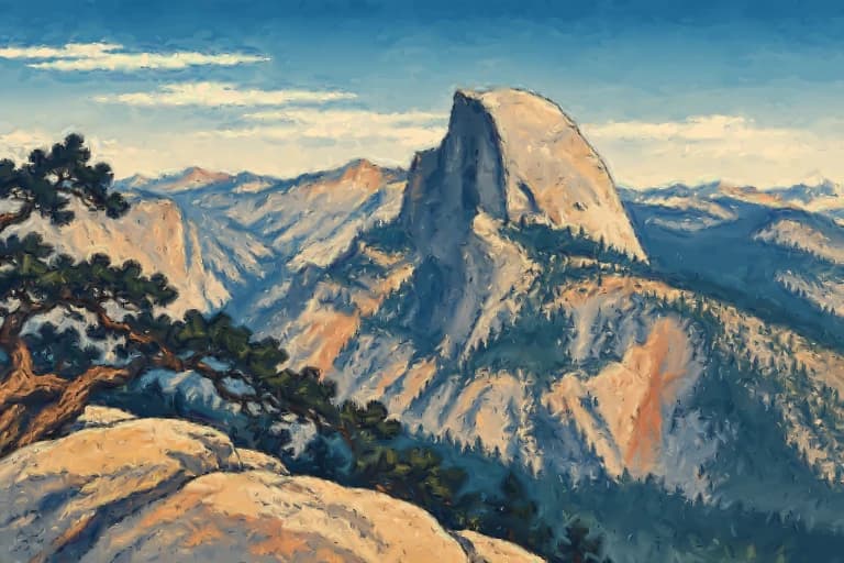 Digital artist-inspired study of Half Dome, Yosemite, inspired by Katsushika Hokusai