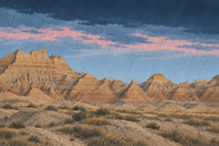 Digital artist-inspired study of Badlands National Park, inspired by Utagawa Hiroshige