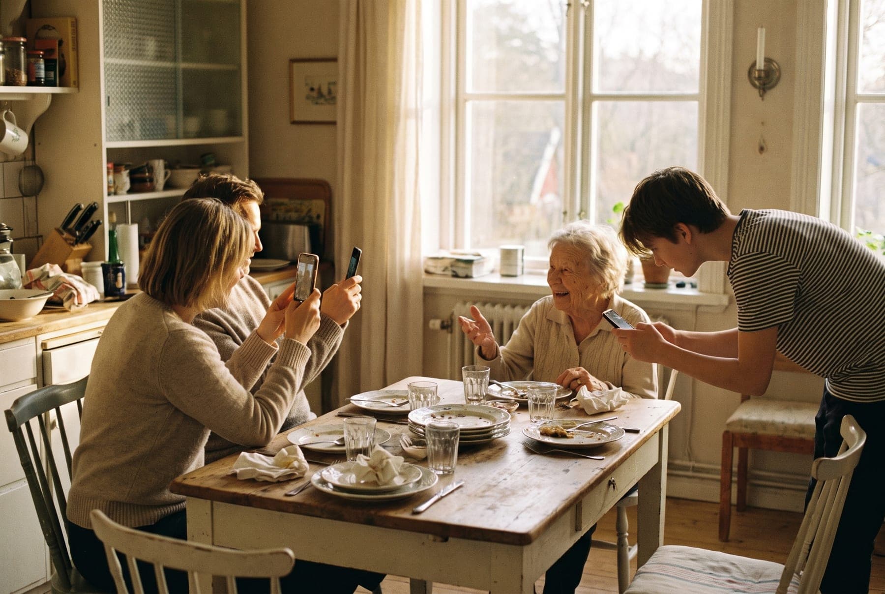 Three people photographing an older woman on their phones at the end of a family lunch